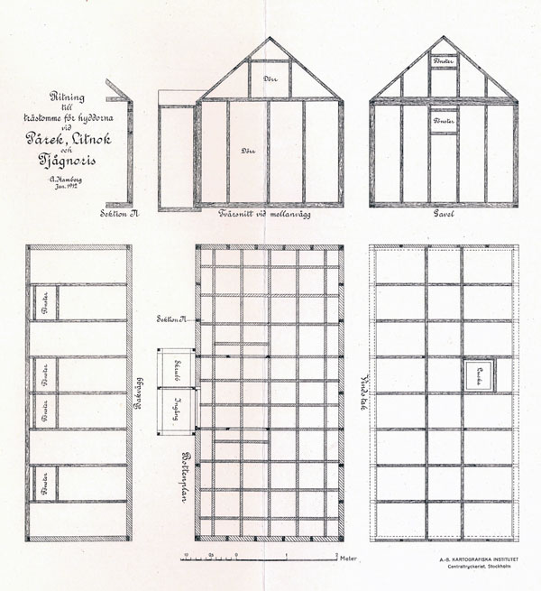 Ritning över hyddorna i Pårek, Litnok och Tjågnoris