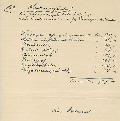 Kostnadsförslag från uppbyggandet av den geografiska institutionen under Karl Ahlenius tid.